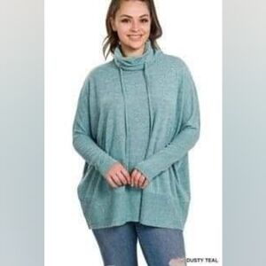 New With Tags Zenana Plus Dusty Teal Brushed COWL Neck Pullover